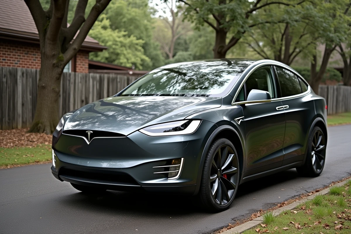 Tesla Model X de plusieurs années avec peinture écaillée, portes falcon wing désalignées et garnitures chromées oxydées dans une allée résidentielle