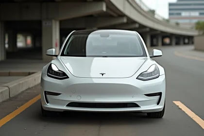 Tesla Model 3 âgée de plusieurs années avec des marques d'usure visibles sur la peinture blanche dans un parking urbain