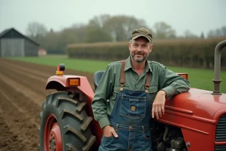 Agriculteur posant à côté d'un tracteur de catégorie B dans un champ agricole