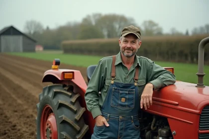 Agriculteur posant à côté d'un tracteur de catégorie B dans un champ agricole