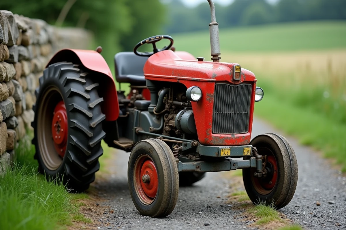 Tracteur de catégorie B en gros plan sur un chemin rural avec des traces de boue