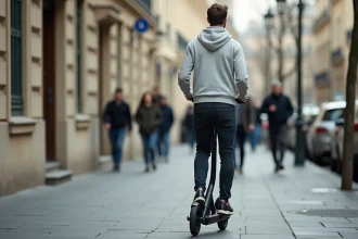Un homme à trottinette électrique roulant sur un trottoir parisien, illustrant la question de la légalité des trottinettes sur les trottoirs