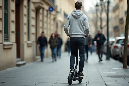 Un homme à trottinette électrique roulant sur un trottoir parisien, illustrant la question de la légalité des trottinettes sur les trottoirs