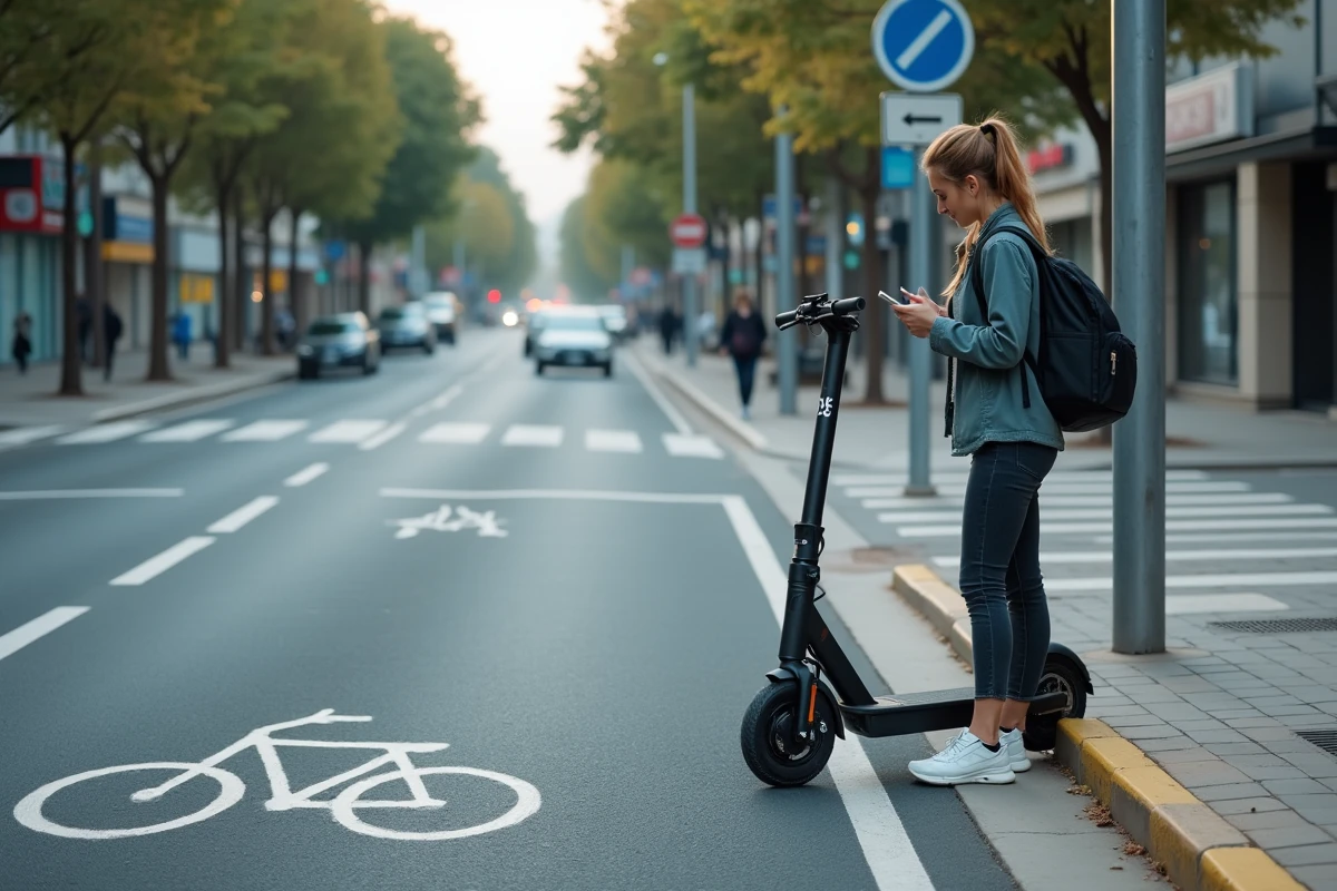 Une femme avec une trottinette électrique pliée au bord d'une piste cyclable en ville, illustrant la réglementation des zones autorisées pour les trottinettes
