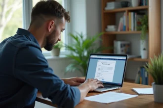 Homme consultant le site Carte Grise Minute sur un ordinateur portable dans un bureau à domicile