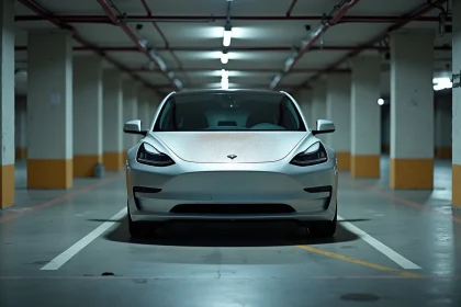 Voiture électrique garée et à l'arrêt dans un parking souterrain, non branchée, illustrant la décharge en veille