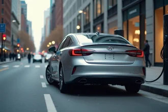 Voiture hybride branchée à une borne de recharge électrique en ville, reflétant un environnement urbain moderne