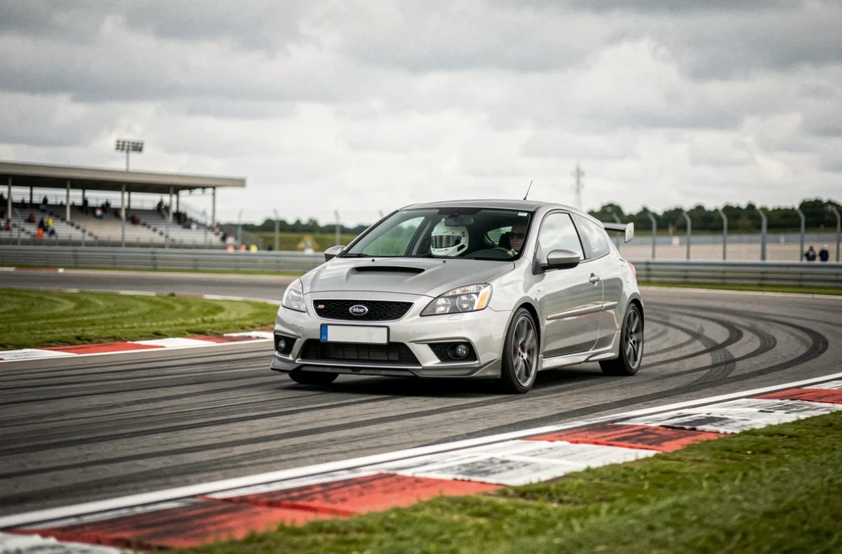 Voiture de stage de pilotage en pleine courbe sur un circuit automobile avec un conducteur au volant
