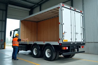 Camion 6 roues avec portes arrière ouvertes montrant le volume intérieur de la caisse, ouvrier mesurant l'espace de chargement sur un quai industriel