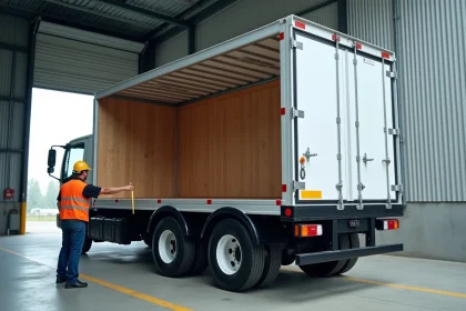 Camion 6 roues avec portes arrière ouvertes montrant le volume intérieur de la caisse, ouvrier mesurant l'espace de chargement sur un quai industriel