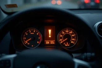 Tableau de bord de voiture avec voyant point d'exclamation jaune allumé et clignotant