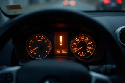 Tableau de bord de voiture avec voyant point d'exclamation jaune allumé et clignotant