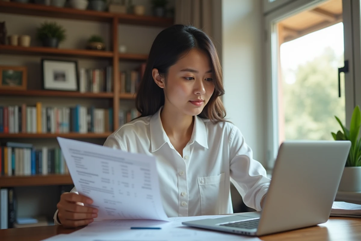 Conductrice VTC analysant ses finances et revenus sur ordinateur à domicile